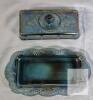 Blue Iridescent Glass Butter Dish with Lid, Grape & Leaf Pattern, Rectangular, 7.5" - 2