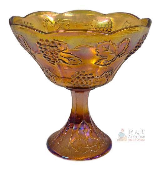 Vintage Indiana Glass Carnival Glass Compote or Fruit Bowl - Harvest Grape Pattern and Amber/Marigold Color 8.5" Tall