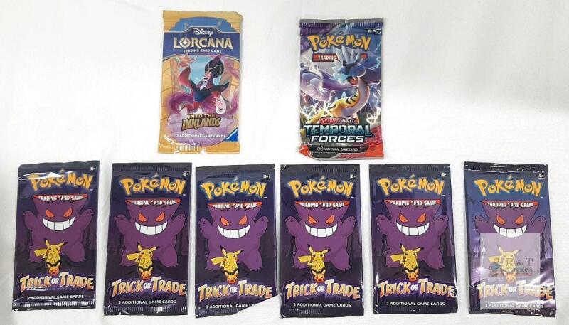 Pokemon & Disney Lorcana Booster Pack Lot: Temporal Forces, Trick or Trade, Into the Inklands