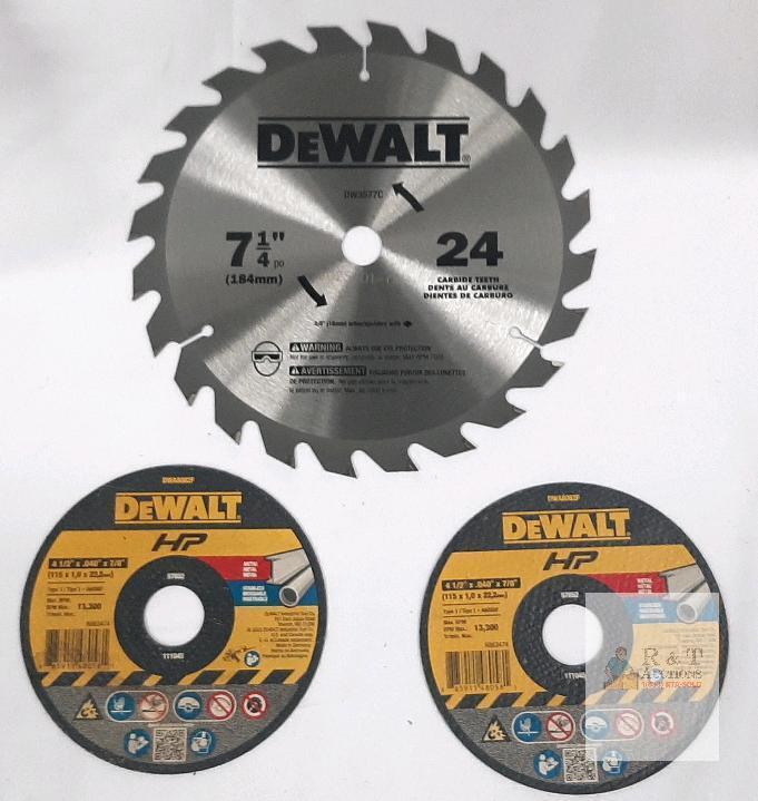 DeWalt DW3577C 7-1/4" 24T Carbide Saw Blade & 2 DWA8062F 4-1/2" Metal Cutting Discs