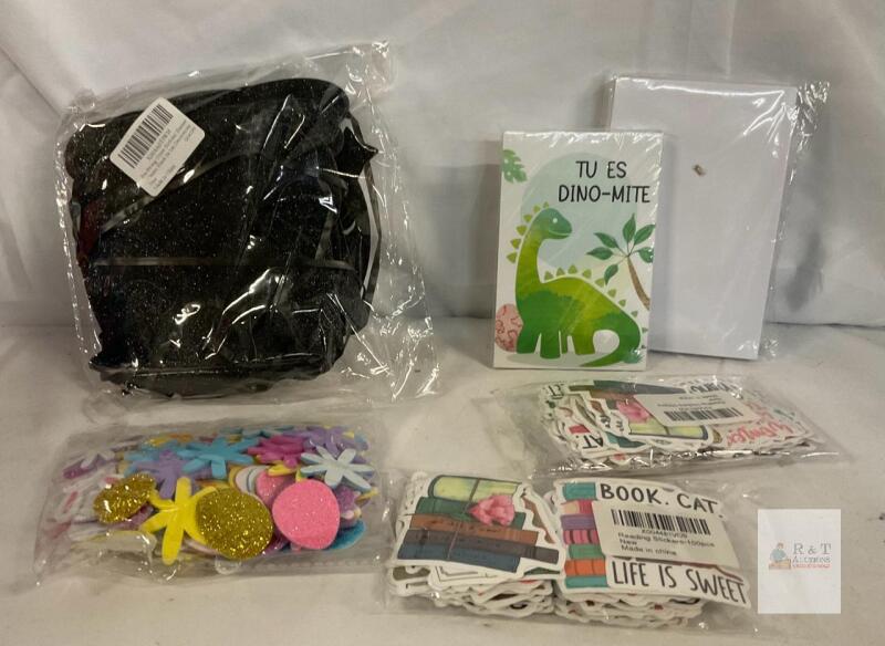 Assorted Party & Craft Supplies Lot: Dino Card, Black Banner, 200 Reading Stickers, Foam Designs