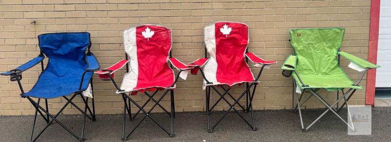 Set of 4 Folding Camping Chairs&mdash;Canadian Flag, Blue, Green, Steel Frame, Cup Holders