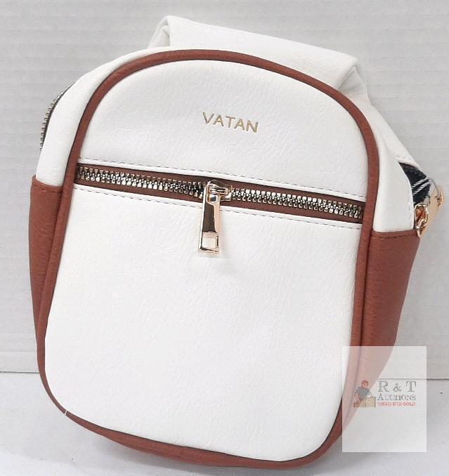 NEW VATAN Small White and Brown Faux Leather Crossbody Bag with Removable Woven Strap