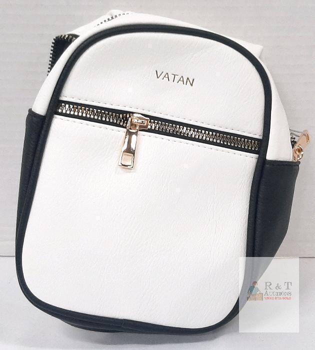NEW VATAN White Black Faux Leather Crossbody Bag, Adjustable Graphic Strap, Front Zipper Pocket