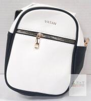 NEW VATAN White Black Faux Leather Crossbody Bag, Adjustable Graphic Strap, Front Zipper Pocket