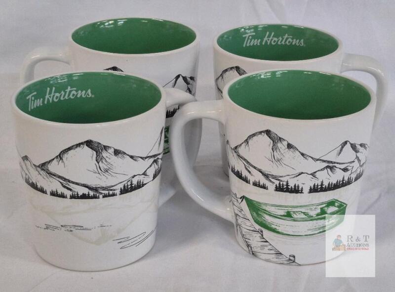 Tim Hortons 2018 Ceramic Mugs, Green Interior, Mountain & Boat Design, Set of 4, 14 oz