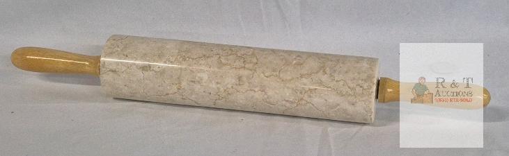 Marble Rolling Pin with Wooden Handles, 18" Long, 2.3" Diameter, Cream Veined Stone