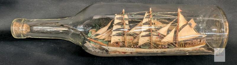Vintage Campari Embossed Bottle with Four-Masted Sailing Ship Model, 12-inch, Cork Stopper