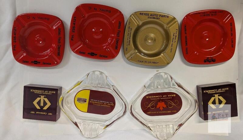 Vintage Branded Ashtrays Lot: Chevrolet, Bank of Commerce Glass, Reyes Auto Parts, w/ Matchbooks