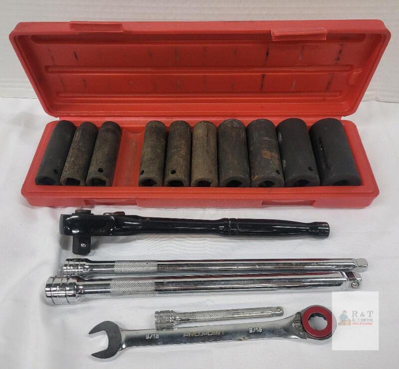 SAE 1/2" Deep Impact Socket Set w/ Ratchet, Extensions, PRO-POINT 9/16" Wrench, Red Case