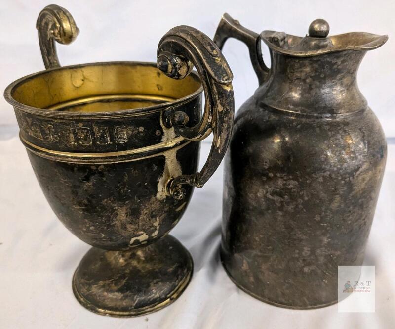 Antique Silver-Plated Trophy Cup "OPEN AIR HOUSE" & Lidded Pitcher, 7.75" Tall, Crown "R" Mark