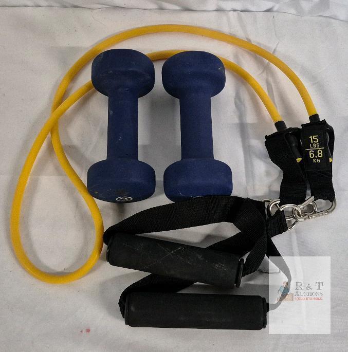 Neoprene 3 lb Dumbbell Pair and 15 lb Resistance Tube with Handles &ndash; Blue & Yellow, Set