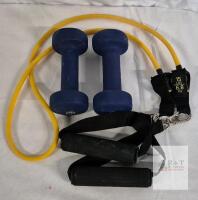 Neoprene 3 lb Dumbbell Pair and 15 lb Resistance Tube with Handles &ndash; Blue & Yellow, Set