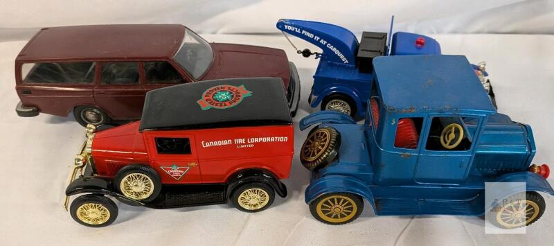 Vintage Lot of 4 Pressed Steel & Diecast Cars: Carquest Tow Truck, Canadian Tire Van, Station Wagon, Blue Coupe