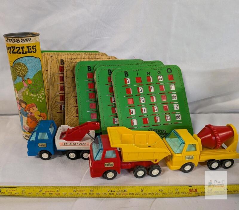 Vintage Bingo Cards, Funmate Plastic Trucks, Golden Goose Jigsaw Puzzle Canister Lot