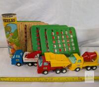 Vintage Bingo Cards, Funmate Plastic Trucks, Golden Goose Jigsaw Puzzle Canister Lot