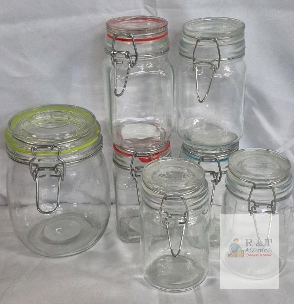 Set of 6 Airtight Glass Storage Jars &ndash; Assorted Sizes, Wire Bail Lids, Multi-Colored Seals