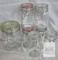 Set of 6 Airtight Glass Storage Jars &ndash; Assorted Sizes, Wire Bail Lids, Multi-Colored Seals