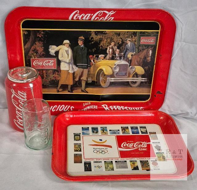 Coca-Cola Collector&rsquo;s Set: 2 Vintage Trays, Ceramic Candle Canister, Glass Can-Shaped Cup