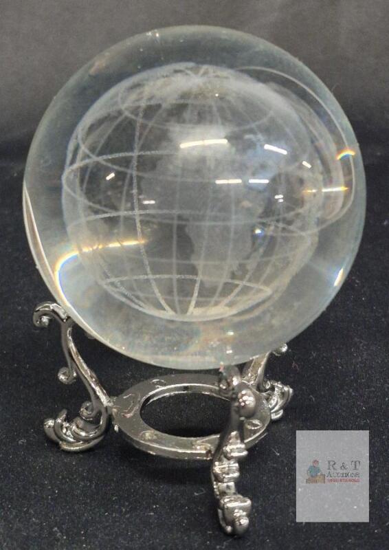 Crystal Glass Globe Paperweight 3" Diameter Etched Continents with Silver Metal Stand