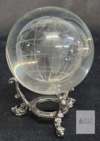 Crystal Glass Globe Paperweight 3" Diameter Etched Continents with Silver Metal Stand