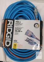 RIDGID 100 ft 12/3 All Weather Extension Cord, Contractor Grade, 15A, Power Indicator, UL Certified