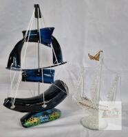 Lot of 2 Nautical Sculptures: Handcrafted Horn Sailboat (13") & 10.5&rdquo; Art Glass Ship