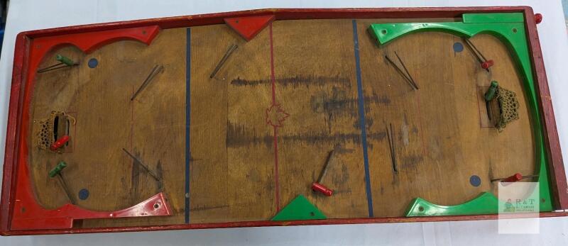 Vintage Wooden Mechanical Rod Hockey Table Game, Canada, Maple Leaf, c. 1940s-60s, 36"x16"