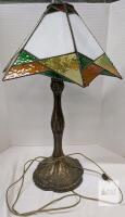 Tiffany Style Stained Glass Table Lamp, Ornate Leaf Metal Base, Geometric 16" Shade