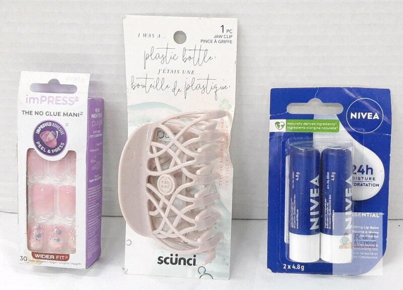NIVEA Lip Balm 2-Pack, imPRESS Press-On Nails Wider Fit 30ct, sc&uuml;nci 62% Recycled Jaw Clip Pink