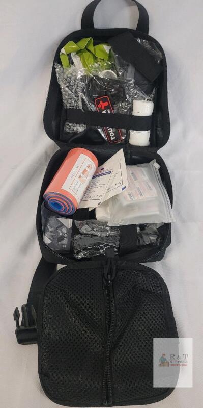Tourcam Tactical Trauma First Aid Kit, MOLLE Compatible, Gauze, Splint, Shears, Black, 8"x6"x4"