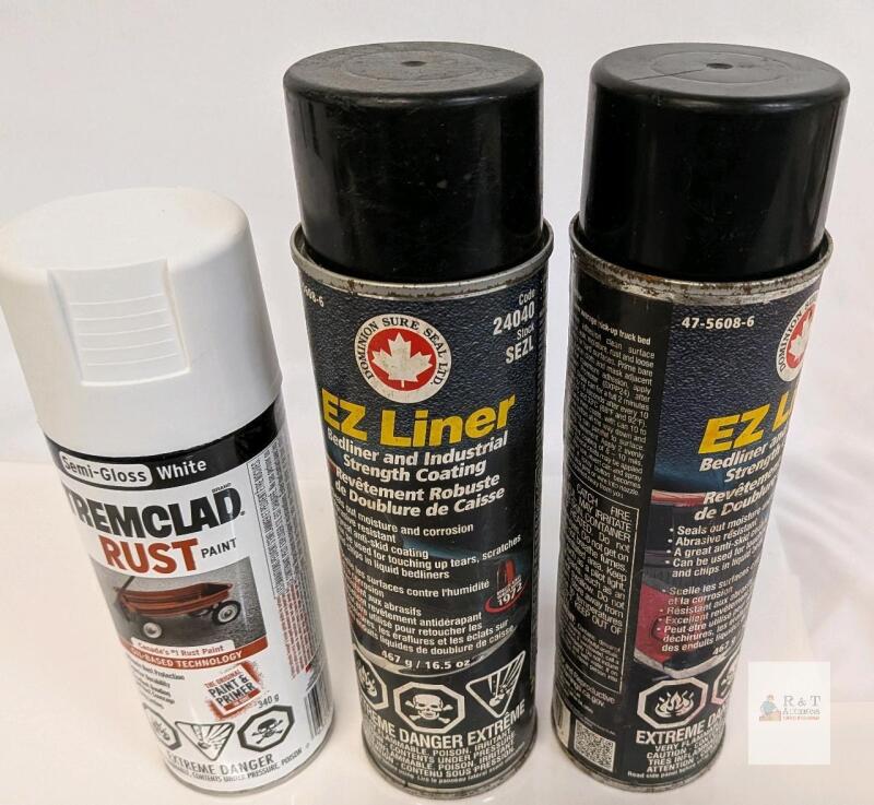 Tremclad Semi-Gloss White Rust Paint 340g & EZ Liner 16.5oz Bedliner Spray Cans - Lot of 3- mostly full