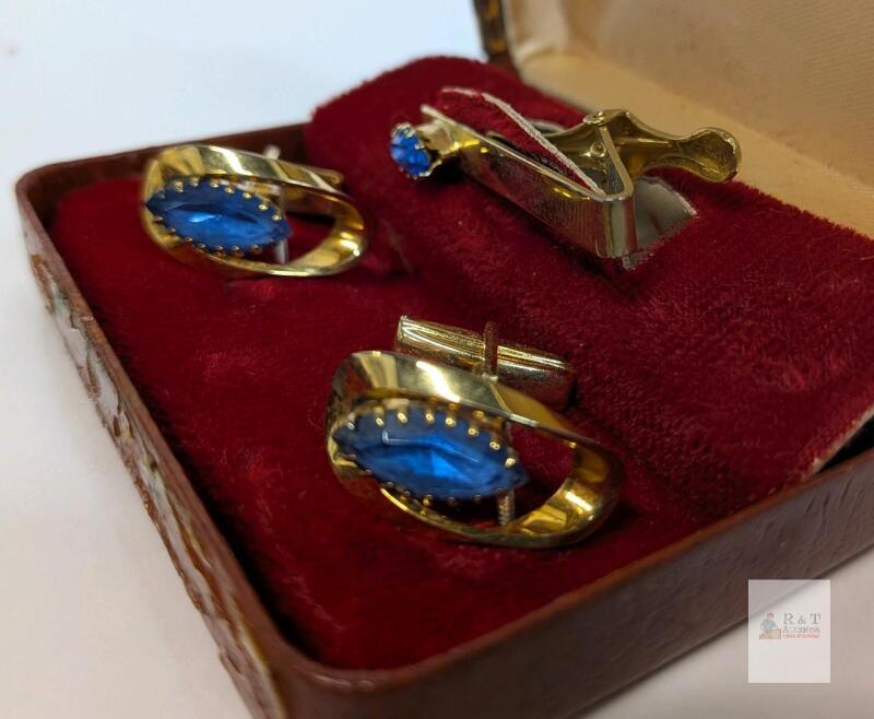 Alexis Gold-Tone Cufflinks and Tie Clip Set with Blue Marquise Stones in Original Velvet Box