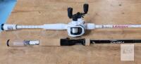 Two (2) One-Piece Fishing Rods - 84" & 90" Long . Plus Piscifun Reel .