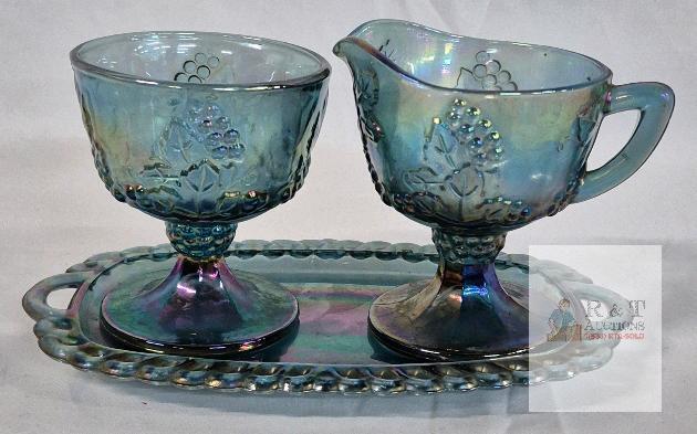 Vintage Indiana Carnival Glass Harvest Grape Sugar Bowl 4" Tall Creamer 4.25" Tall & Tray 8.75" Long