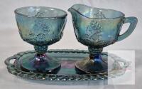 Vintage Indiana Carnival Glass Harvest Grape Sugar Bowl 4" Tall Creamer 4.25" Tall & Tray 8.75" Long