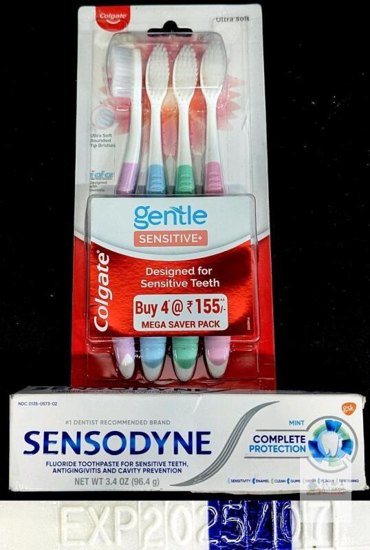NEW Colgate Gentle Sensitive+ 4-Pack Toothbrushes & Sensodyne Complete Protection Mint 3.4oz