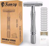 NEW Kanzy K-100 Double Edge Safety Razor, Silver, 10x Stainless Steel Blades, Chrome Handle, Boxed