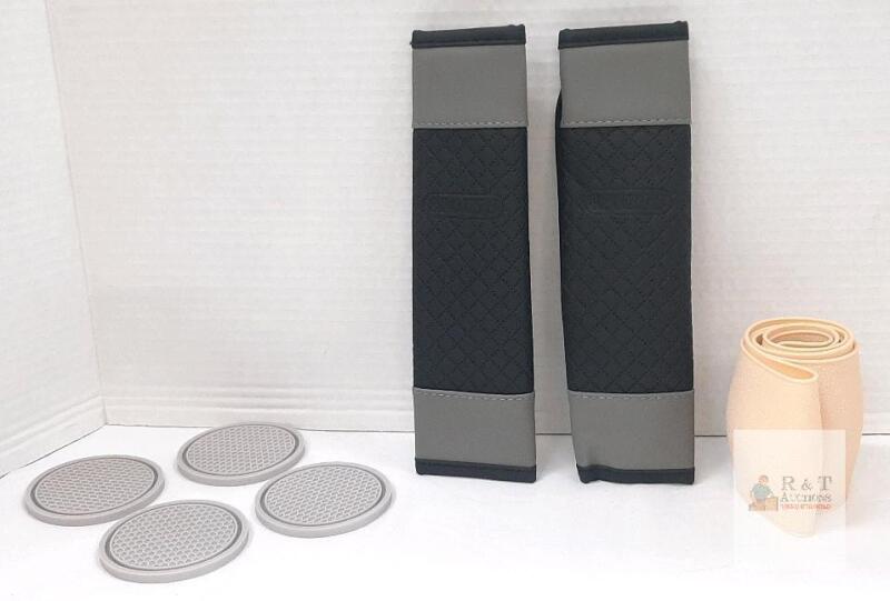 NEW Car Interior Set: 14" Silicone Steering Wheel Cover, 2 Seat Belt Pads, 4 Car Coasters Gray