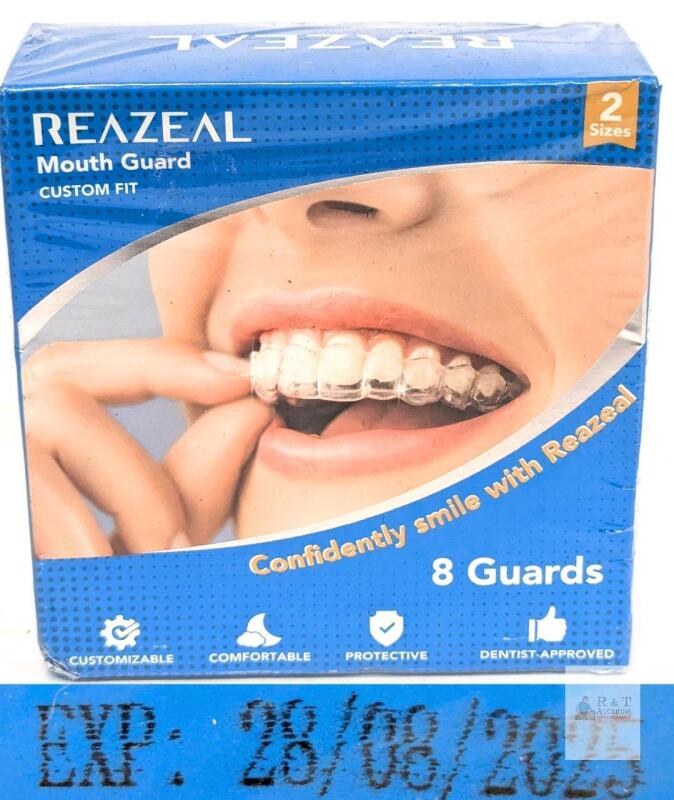 EXP 08/2025 Reazeal Mouth Guard Custom Fit, 8 Guards, 2 Sizes, Anti Grinding, Sports, Whitening, BPA-Free,