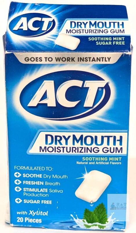 ACT Dry Mouth Moisturizing Gum Soothing Mint, 20 Pieces, Sugar Free Xylitol, Blister Pack