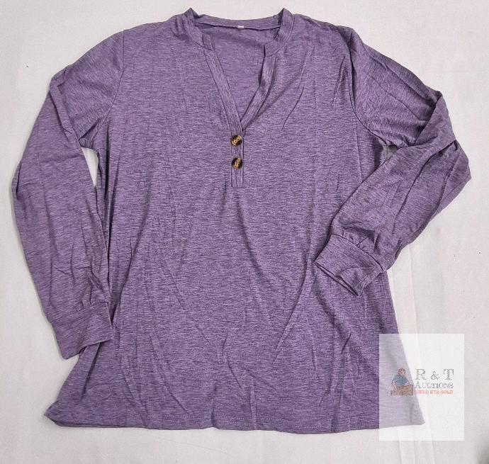 NEW Heathered Lavender Long Sleeve Henley Shirt, Medium, 2-Button V-Neck