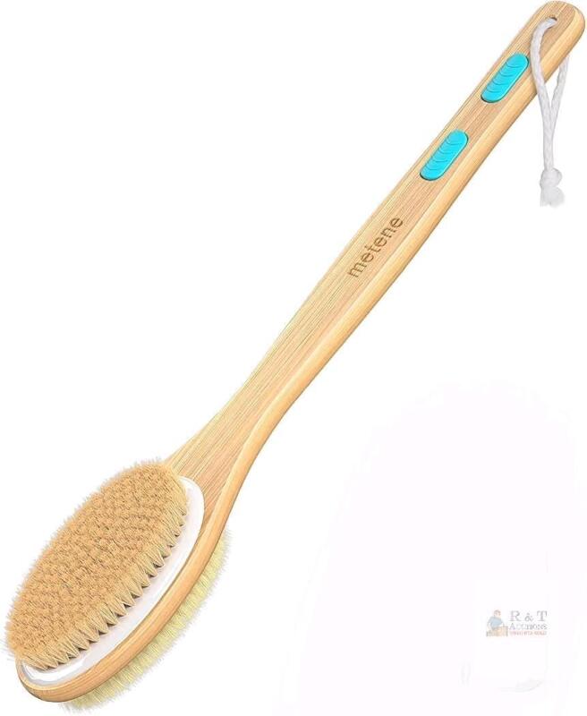 NEW Metene Double-Sided Back Scrubber, 17.5" Bamboo Handle, Soft & Stiff Bristles, Non-Slip Grip
