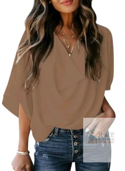 New sz XXL AOISAGULA Women&rsquo;s Drape V Neck Blouses 3/4 Sleeve Tops Chiffon Elegant Shirts for Summer Business Casual
