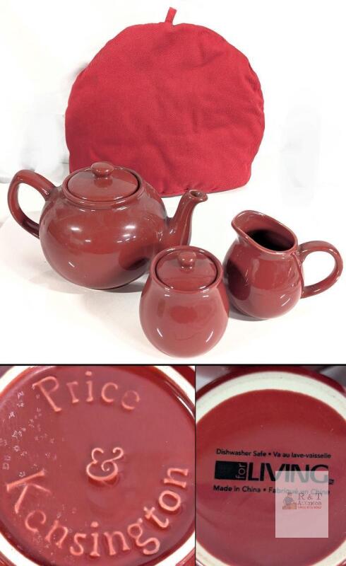 Price & Kensington Burgundy Ceramic Teapot Set w/Sugar, Creamer, Now Designs Tea Cozy