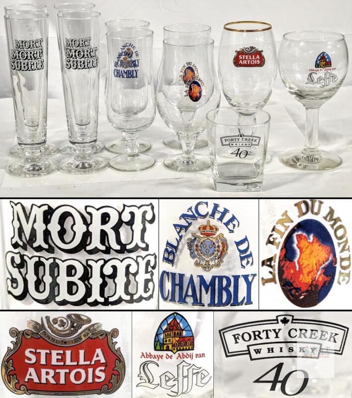 Assorted Lot of Branded Beer & Whisky Glasses&mdash;Mort Subite, Stella Artois, Leffe, Forty Creek