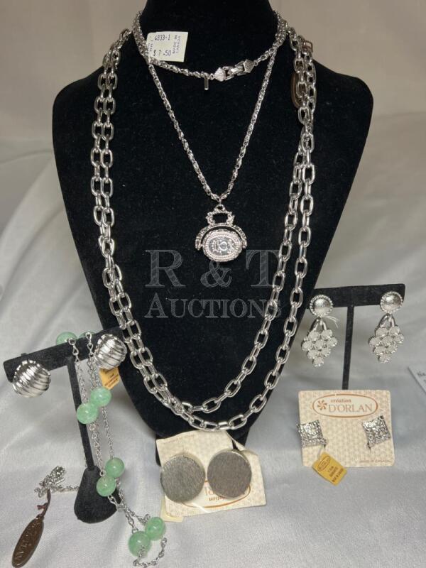 D&rsquo;ORLAN Spinning Silver Necklace Statement Chain & Earrings