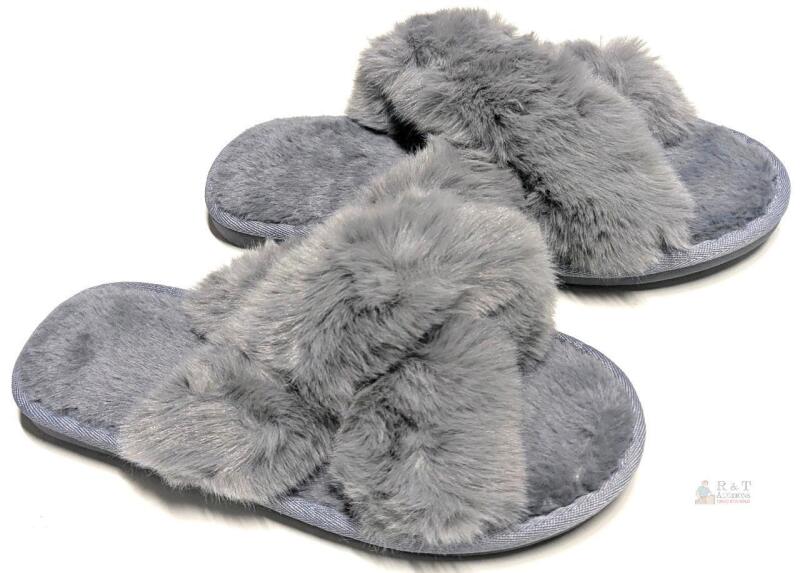 New Size 40/41 Women's Super Soft Fuzzy Criss Cross Band Memory Foam Furry Open Toe House Shoes Faux Fur Plush Home Slippers, Grey