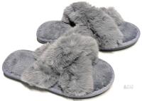 New Size 40/41 Women's Super Soft Fuzzy Criss Cross Band Memory Foam Furry Open Toe House Shoes Faux Fur Plush Home Slippers, Grey