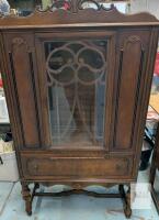 Colonial Revival Glass-Front China Cabinet, Ornate Carved Top, 62"x38"x15", 1920s-1940s
